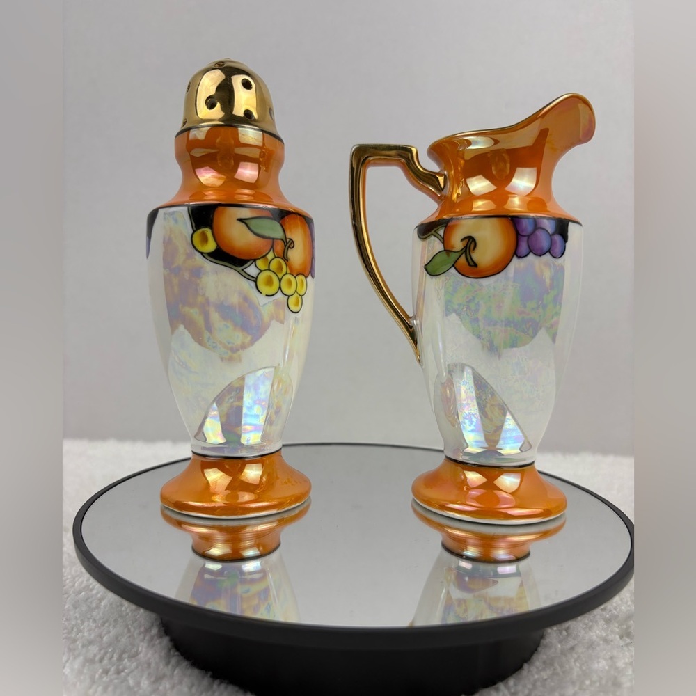 Vintage Noritake Orange Lusterware Set which Includes a Sugar Shaker and Creamer